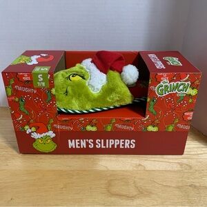 Dr Seuss Grinch Christmas Santa Hat Slippers‎ Slides Men's S 7/8 NEW